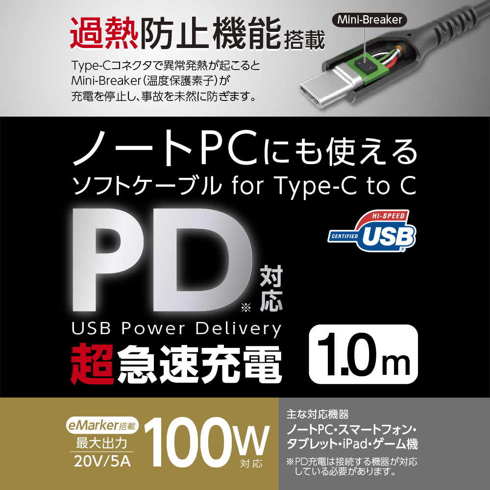 USB2.0 Type-C/Type-Cソフトケーブル 100W 過熱防止 1.0m – 多摩